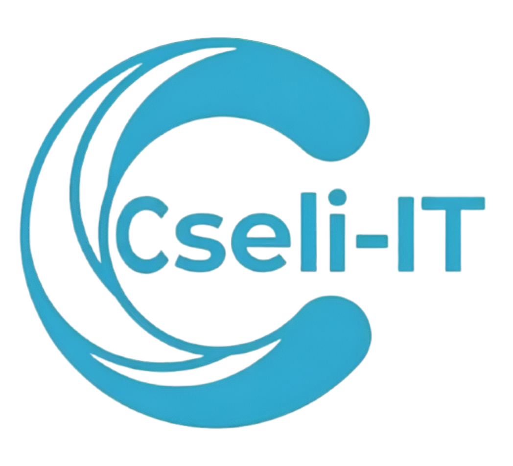 Cseli-IT informatika, kék és sötétszürke geometrikus mintázat fekete háttéren.